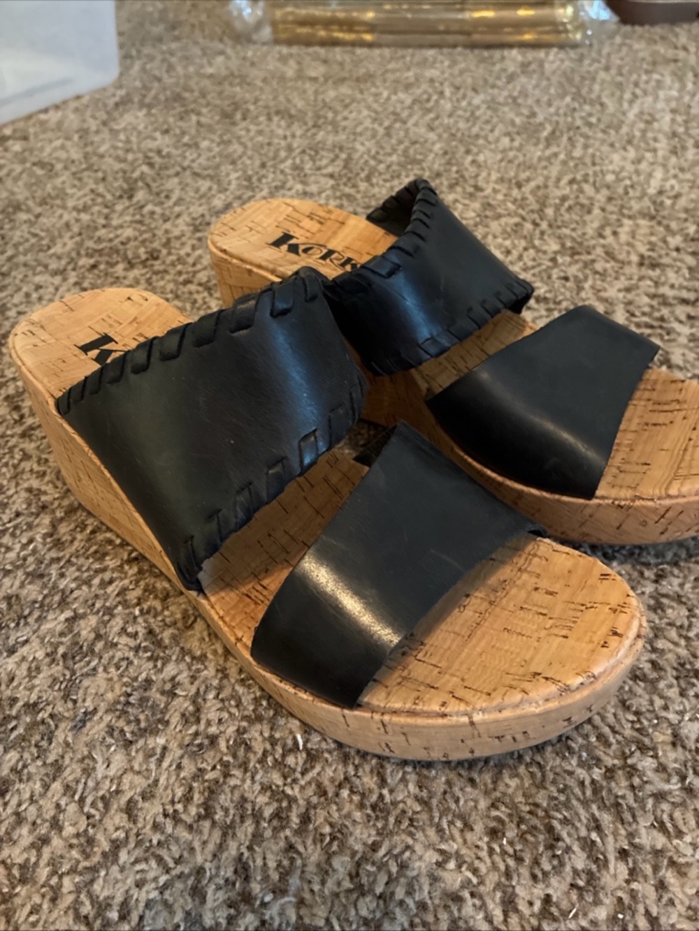 Korks Black Leather Laced Cork Wedge Slide Sandals - Women SZ 7M